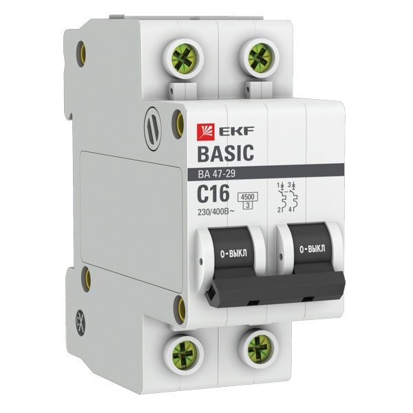 Автоматический выключатель 2P 16А (C) 4,5кА ВА 47-29 EKF Basic (автомат электрический)