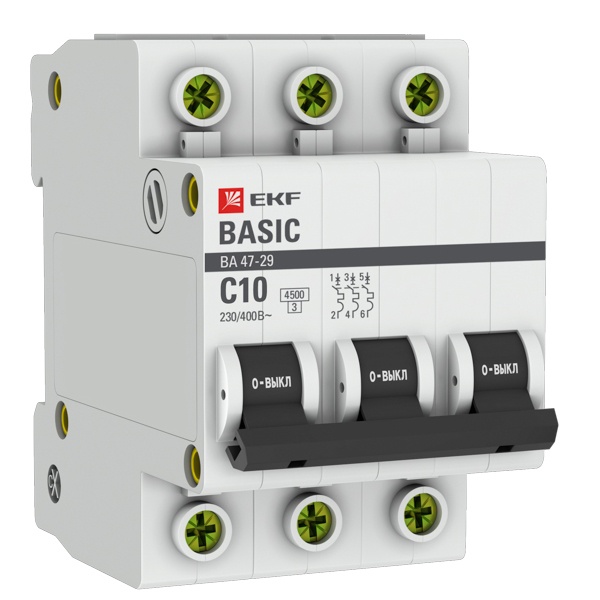 Автоматический выключатель 3P 10А (C) 4,5кА ВА 47-29 EKF Basic (автомат электрический)