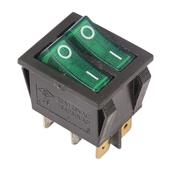 Выключатель клавишный 250V 15А (6с) ON-OFF зеленый с подсветкой ДВОЙНОЙ REXANT