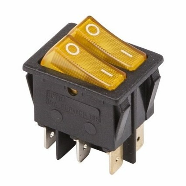 Выключатель клавишный 250V 15А (6с) ON-OFF желтый с подсветкой ДВОЙНОЙ REXANT