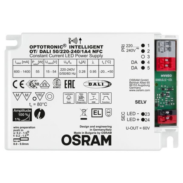 LED драйвер OTi DALI 50/220…240/1A4 NFC /LEDset/Prog 55W 600-1400мА 103x75x35mm Osram