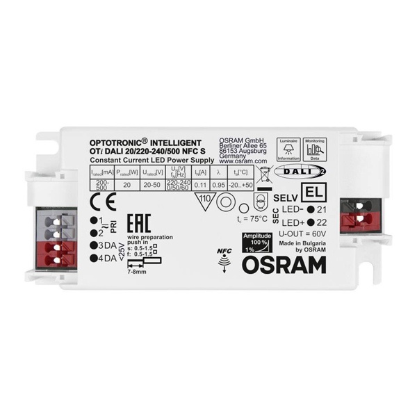LED драйвер OTi DALI 20/220…240/500 NFC S LEDset/Prog 20W 200-500мА 97x30x43mm Osram