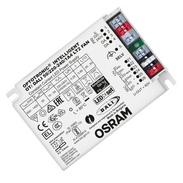 LED драйвер OTi DALI 50/1A4 LT2 FAN 55W 15-54V 600-1400мА 110x75x25mm Osram
